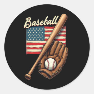 Pegatina Redonda Bandera Americana Jugador De Béisbol Por Fan De Ca