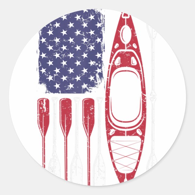 Pegatina Redonda Bandera Americana Kayak Paddle Kayaking 4 De Julio (Anverso)