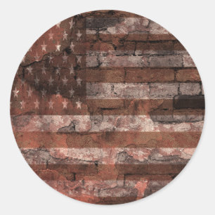Pegatina Redonda Bandera Americana Pared de Ladrillo