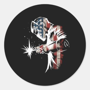 Pegatina Redonda Bandera Americana Soldadora Usa Patriotic Welder P