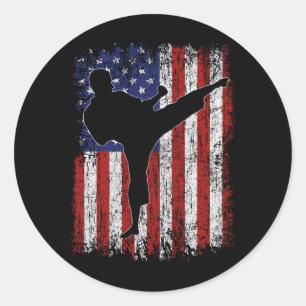 Pegatina Redonda Bandera Americana Usa High Kick Karate Silhouette 