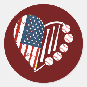 Pegatina Redonda Bandera Americana Vintage Corazón de Béisbol 4 de 