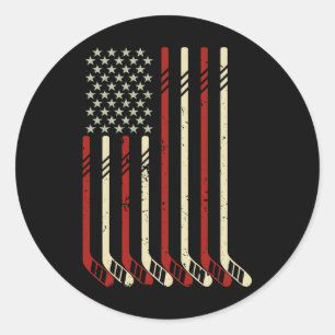 Pegatina Redonda Bandera Americana Vintage Usa Aficionado De Hockey