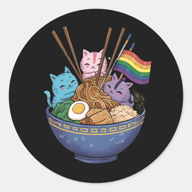 Pegatina Redonda Bandera arcoiris gatos Ramen Anime Orgullo gay Mes (Anverso)