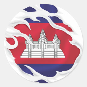 Pegatina Redonda Bandera arrancada de Camboya