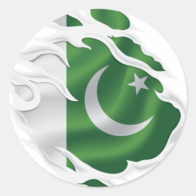 Pegatina Redonda Bandera arrancada de Pakistán (Anverso)