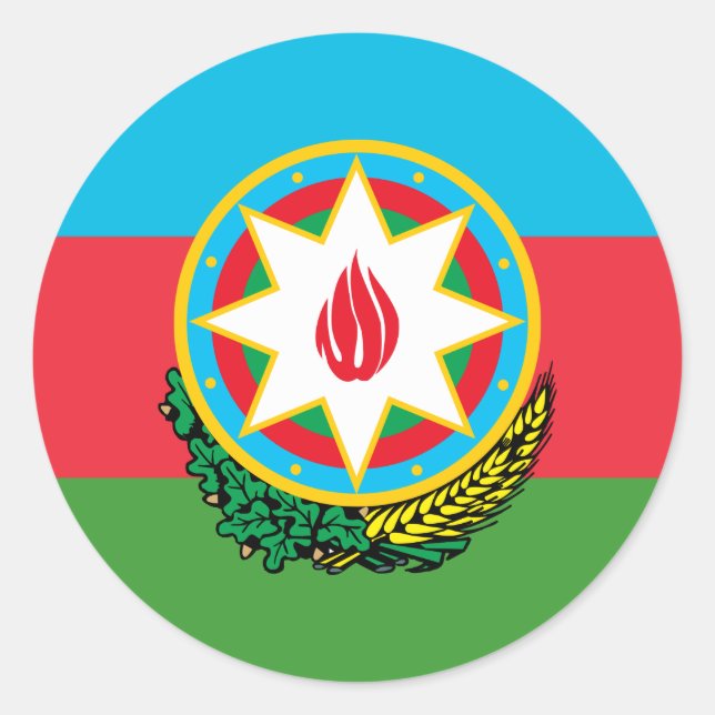 Pegatina Redonda Bandera azerbaiyana y emblema nacional, Azerbaiyán (Anverso)