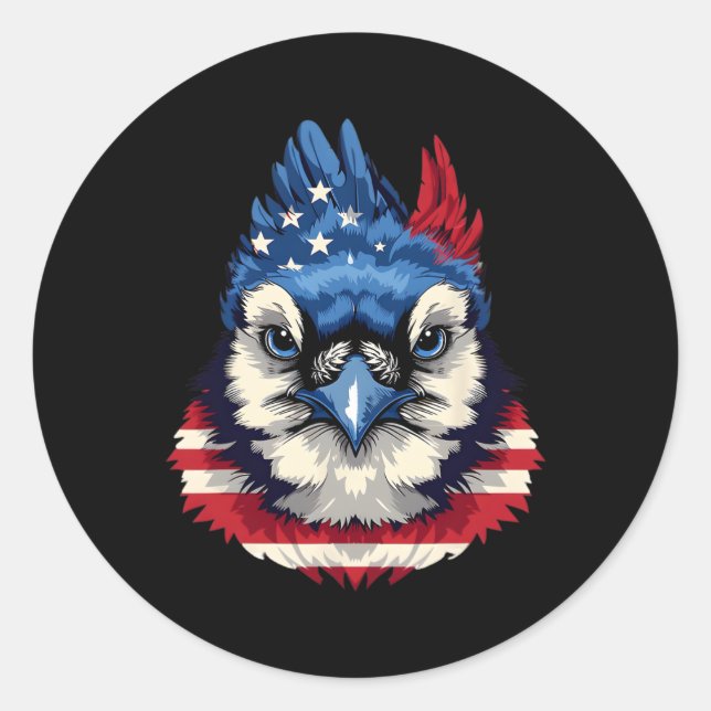 Pegatina Redonda Bandera Azul Jay Patriotic Bird Face 4 De Julio (Anverso)