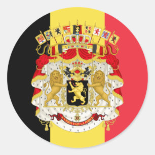 Pegatina Redonda Bandera belga y escudo de armas, Bandera de Bélgic