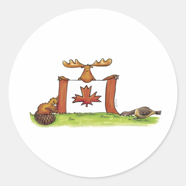 Pegatina Redonda Bandera canadiense con alce, castor y ganso (Anverso)