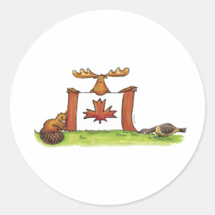 Pegatina Redonda Bandera canadiense con alce, castor y ganso