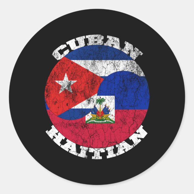 Pegatina Redonda Bandera cubana haitiana mitad cubana mitad haitian (Anverso)