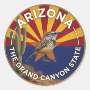 Pegatina Redonda 🌵 Bandera de Arizona y Cactus Wren Herencia del S