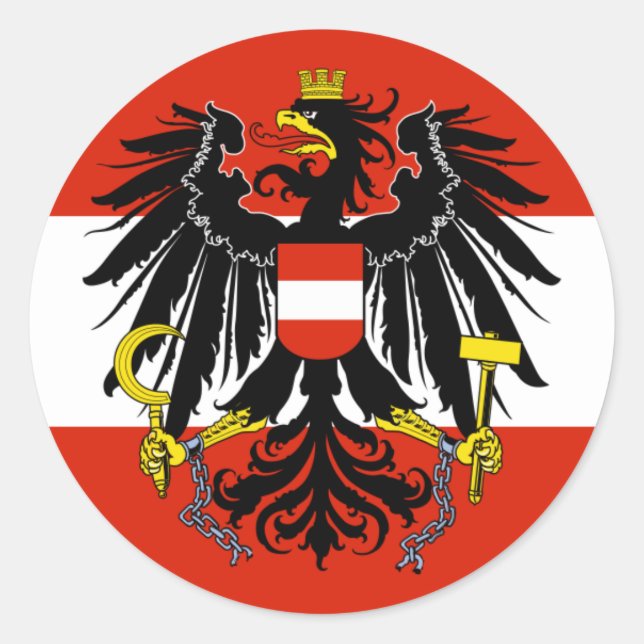 Pegatina Redonda Bandera de Austria con escudo de armas (Anverso)