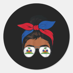 Pegatina Redonda Bandera de Bandana de la reina haitiana Messy Bun 