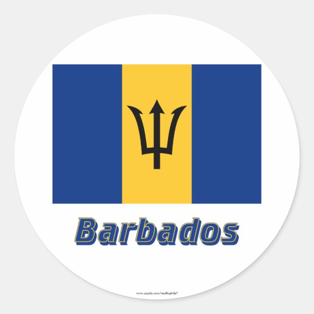 Pegatina Redonda Bandera de Barbados con nombre (Anverso)