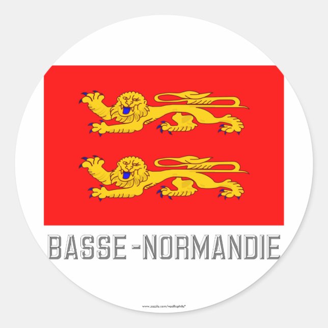 Pegatina Redonda Bandera de Basse-Normandie con nombre (Anverso)
