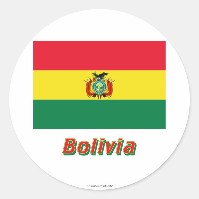 Pegatina Redonda Bandera de Bolivia con nombre (Anverso)