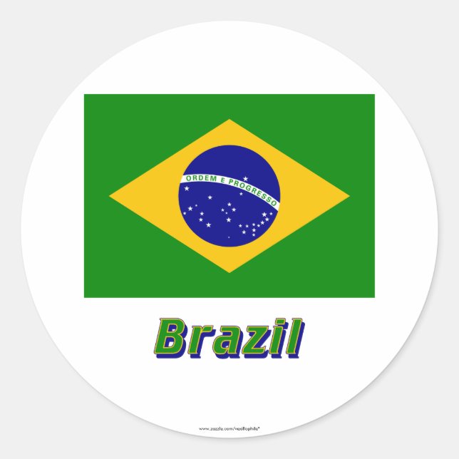 Pegatina Redonda Bandera de Brasil con nombre (Anverso)