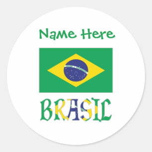 Pegatina Redonda Bandera de Brasil Nombre Personalizado
