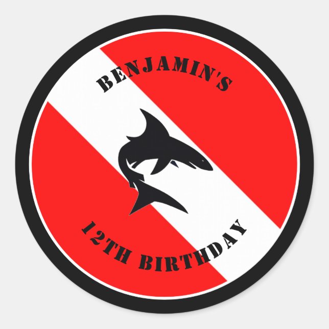 Pegatina Redonda Bandera de buceo personalizado Scuba y tiburón (Anverso)