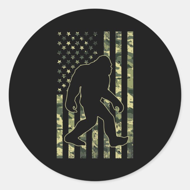 Pegatina Redonda Bandera de camuflaje Bigfoot Sasquatch USA (Anverso)