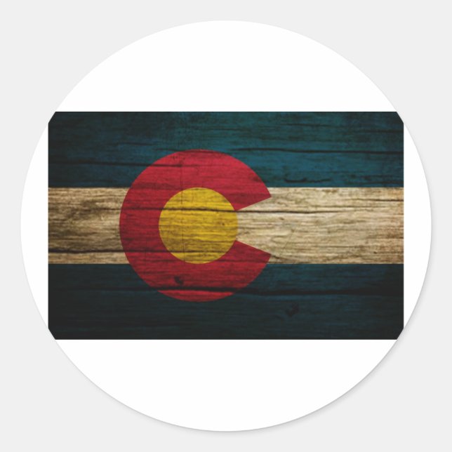 Pegatina Redonda Bandera de Colorado Rustic Old Wood (Anverso)