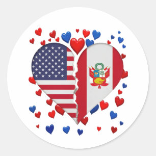 Pegatina Redonda Bandera de corazón dividido de EE. UU. y Perú Raíc