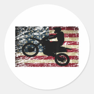 Pegatina Redonda Bandera de Dirt Bike Estados Unidos Camiseta Motoc