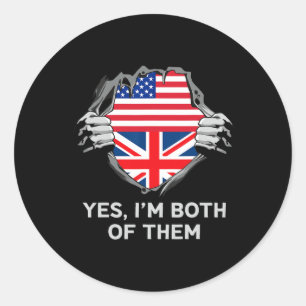 Pegatina Redonda Bandera de EE. UU. e Inglaterra Hombre Mitad Ameri