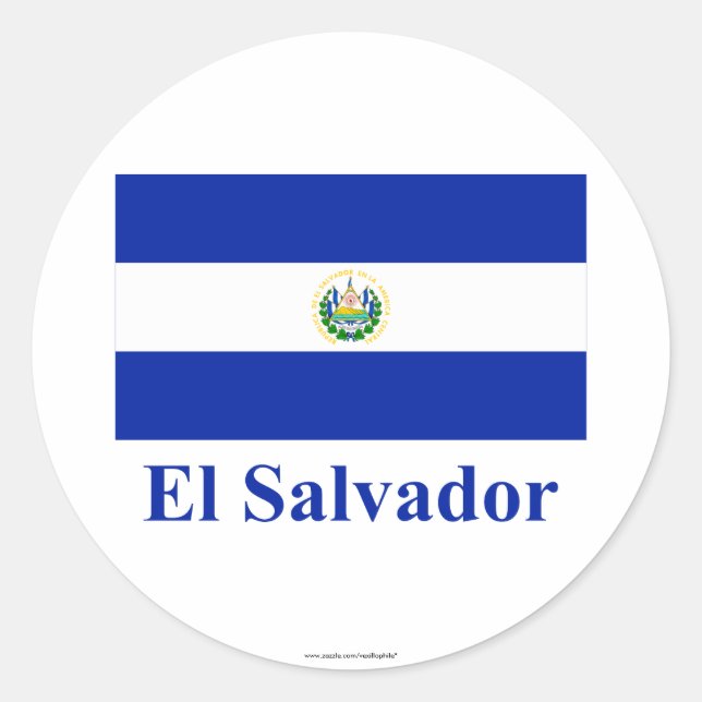 Pegatina Redonda Bandera de El Salvador con nombre (Anverso)