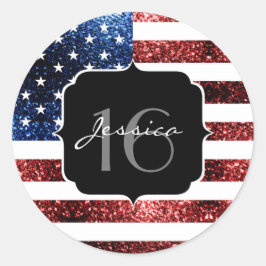 Pegatina Redonda Bandera de Estados Unidos azul brillante purpurina