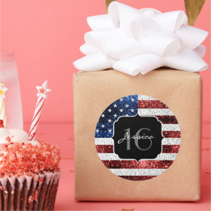 Pegatina Redonda Bandera de Estados Unidos azul rojo chispas purpur