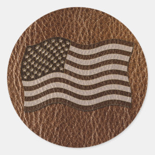 Pegatina Redonda Bandera de Estados Unidos con aspecto de cuero