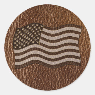 Pegatina Redonda Bandera de Estados Unidos con aspecto de cuero