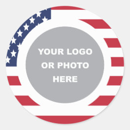 Pegatina Redonda Bandera de Estados Unidos con borde y logotipo