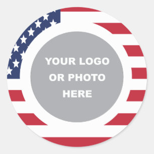 Pegatina Redonda Bandera de Estados Unidos con borde y logotipo