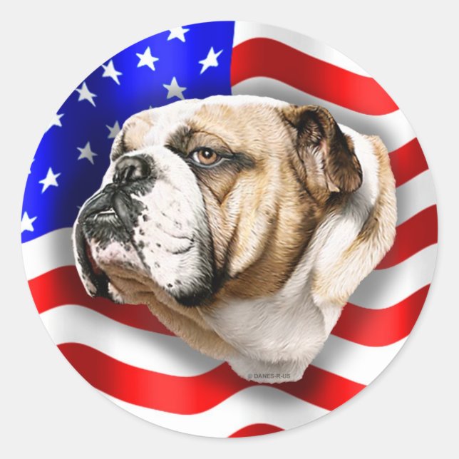 Pegatina Redonda Bandera de Estados Unidos Patriota de bulldog (Anverso)