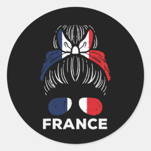 Pegatina Redonda Bandera de Francia Chica Francesa Moño Fútbol Fútb
