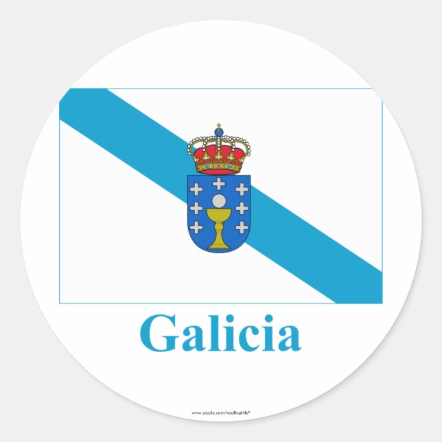 Pegatina Redonda Bandera de Galicia con nombre (Anverso)