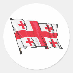 Pegatina Redonda Bandera de Georgia ondeando roja y blanca con cinc