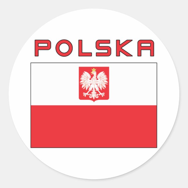 Pegatina Redonda Bandera De Halcón Polaca Con Polska (Anverso)