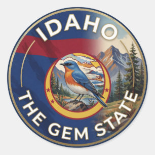 Pegatina Redonda 💎 Bandera de Idaho y patrimonio de gemas de azule