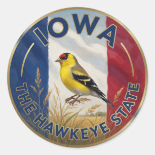 Pegatina Redonda 🌾 Bandera de Iowa y Jilguero Americano Hawkeye