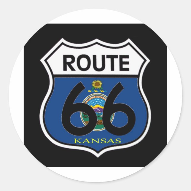 Pegatina Redonda Bandera de Kansas Ruta 66 Escudo (Anverso)