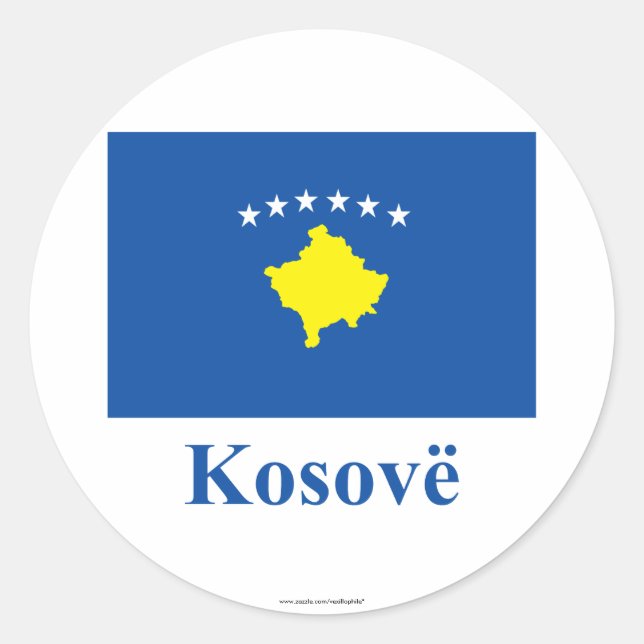 Pegatina Redonda Bandera de Kosovo con nombre en albanés (Anverso)