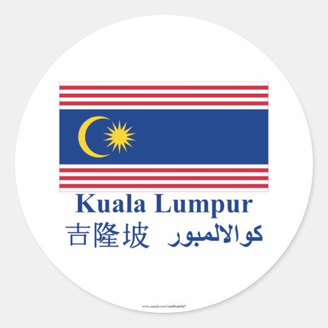 Pegatina Redonda Bandera de Kuala Lumpur con nombre (Anverso)