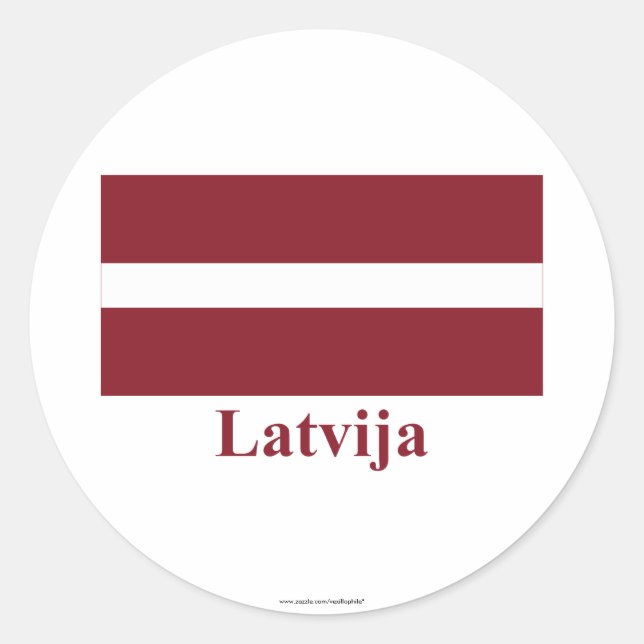 Pegatina Redonda Bandera de Letonia con nombre en letón (Anverso)