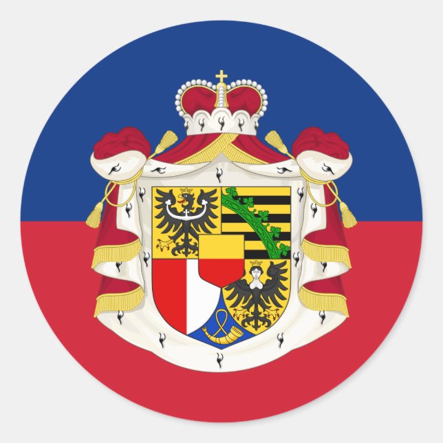 Pegatina Redonda Bandera de Liechtenstein y escudo de armas (Anverso)