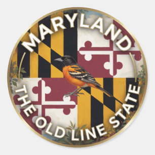 Pegatina Redonda Bandera de Maryland y patrimonio del oriole de Bal